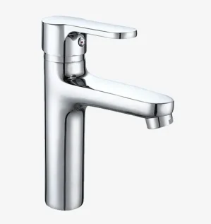 صورة لخلاط حوض بجسم من الزنك المطلي بالكروم بتصميم عصري مخصص للتحكم في تدفق المياه في الحمامات.