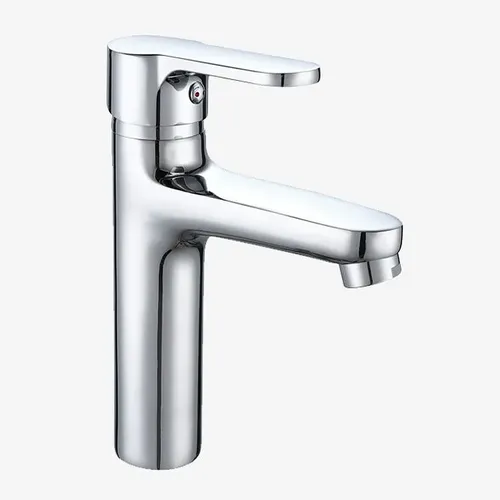 صورة لخلاط حوض بجسم من الزنك المطلي بالكروم بتصميم عصري مخصص للتحكم في تدفق المياه في الحمامات.