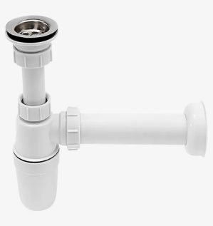 صورة لسيفون مفرد نوع BT بمقاسات مختلفة مع تصميم Bottle Trap يمنع رجوع الروائح ويضمن تصريف فعال للمياه.