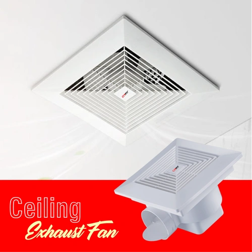 صورة مروحة شفط سقفية مربعة بتصميم عصري مع فتحة تهوية قوية.