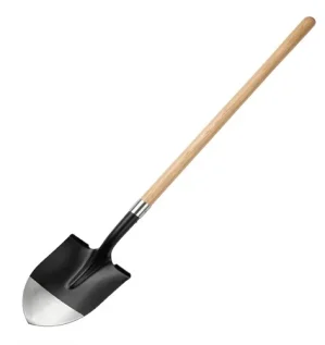 صورة لمجرفة سوداء مدببة الرأس بمقبض خشبي طويل توضح التصميم القوي للرأس الفولاذي والمقبض الخشبي المصقول للأعمال الشاقة.