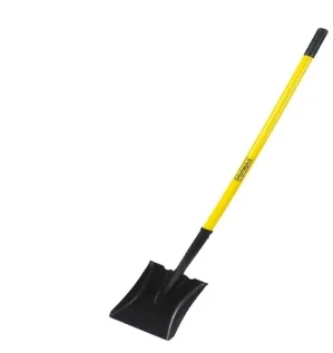 An image of a FORGED SQUARE FLAT BLACK SHOVEL YELLOW LONG HANDLE highlighting the sturdy steel head and the colorful long handle built for construction and agricultural work.