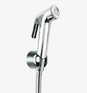 Image of a FULL CP SHATTAF SET with chrome-plated head, flexible hose, and wall bracket designed for bathroom hygiene use.
