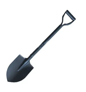 صورة لمجرفة سوداء مدببة الرأس بمقبض معدني قصير وقبضة D تظهر الهيكل الفولاذي الموحد المتين والطلاء الأسود الواقي للأعمال الشاقة.