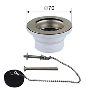 Image of PVC WASTE COUPLING with stainless steel cover and chain plug for sink drainage systems.