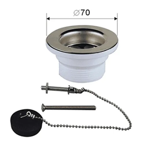 Image of PVC WASTE COUPLING with stainless steel cover and chain plug for sink drainage systems.