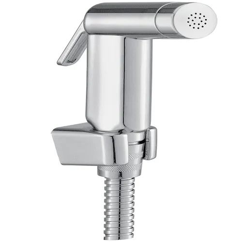 صورة لطقم شطاف كامل بتصميم كروم أنيق مع خرطوم مرن للاستخدام في الحمامات.