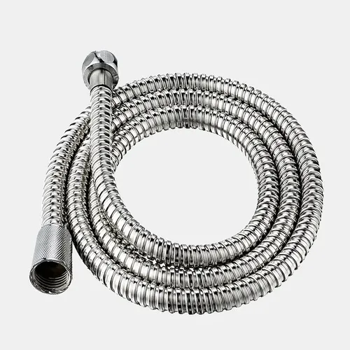 صورة لخرطوم دش ستانلس ستيل 1.5 متر مطلي كروم مع وصلات نحاسية للاستخدام في الحمامات.