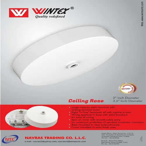 صورة لقاعدة سقف كهرباء WINTEX (Ceiling Rose) بتصميم دائري مع أطراف توصيل متعددة لتركيب الإضاءة.