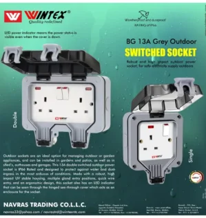 Image of WINTEX WATERPROOF SWITCH SOCKET IP66 outdoor power outlet with protective cover and LED indicator.