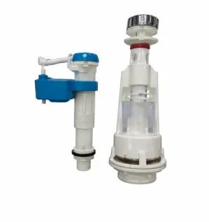 Bottom inlet complete flush tank mechanism installed inside toilet tank on white background