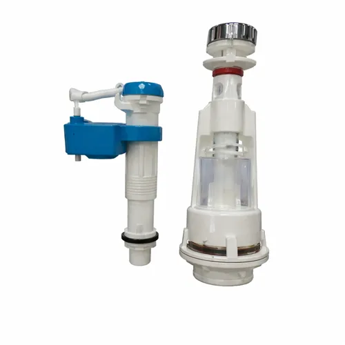 Bottom inlet complete flush tank mechanism installed inside toilet tank on white background