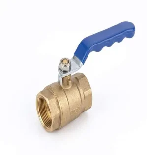 Professional image of a brass ball valve with a blue lever handle, clearly showing the brass quality and internal threading, isolated on a clean white background.