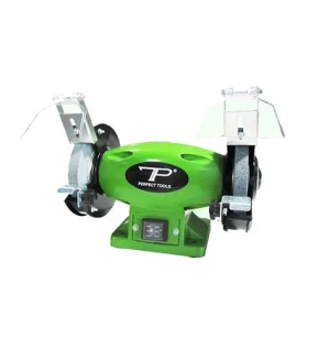 Heavy duty bench grinder with dual wheels for grinding and sharpening tools in workshops.