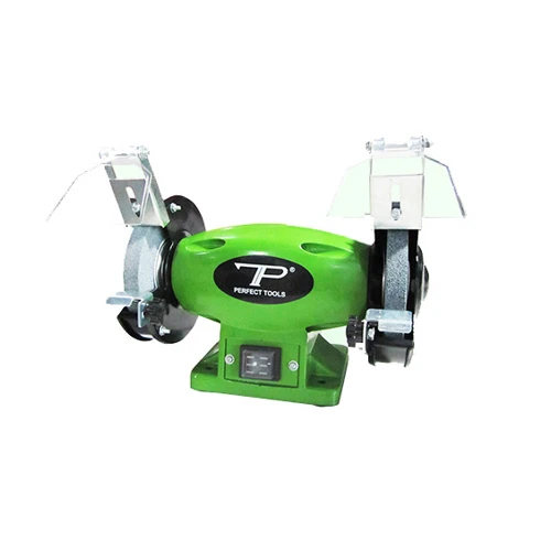 Heavy duty bench grinder with dual wheels for grinding and sharpening tools in workshops.