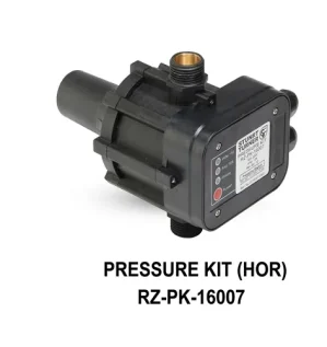 صورة لجهاز تنظيم ضغط المياه (أوتوماتيك مضخة) من نوع Pressure Kit (HOR)، موديل RZ-PK-16007، يتميز بهيكل أسود متين مع لوحة تحكم رقمية تظهر مؤشرات الطاقة والحماية، معروض بوضوح على خلفية بيضاء.
