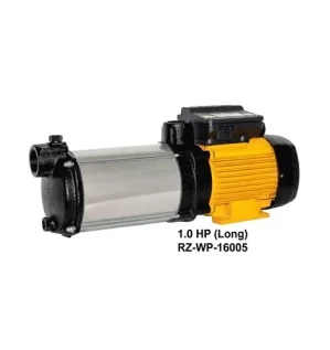 image of a ROBIZ horizontal water pump, 1.0 HP (Long), model RZ-WP-16005, featuring a stainless steel body and yellow motor casing, centered on a clean white 500x500 square background.
