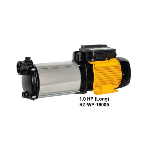 image of a ROBIZ horizontal water pump, 1.0 HP (Long), model RZ-WP-16005, featuring a stainless steel body and yellow motor casing, centered on a clean white 500x500 square background.