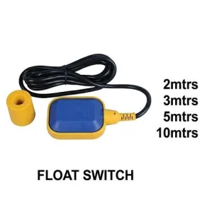 صورة لعوامة خزان كهربائية (Float Switch) من اللونين الأزرق والأصفر، يظهر بجانبها ثقل الموازنة الأصفر مع كابل توصيل أسود، وتوضح الصورة الأطوال المتوفرة (2 متر، 3 متر، 5 متر، 10 متر) على خلفية بيضاء مربعة.