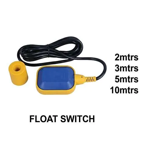 صورة لعوامة خزان كهربائية (Float Switch) من اللونين الأزرق والأصفر، يظهر بجانبها ثقل الموازنة الأصفر مع كابل توصيل أسود، وتوضح الصورة الأطوال المتوفرة (2 متر، 3 متر، 5 متر، 10 متر) على خلفية بيضاء مربعة.