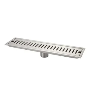 product image of a stainless steel linear shower drain (floor waste), featuring an elegant rectangular slatted grate design and a central bottom outlet, isolated on a clean white background.