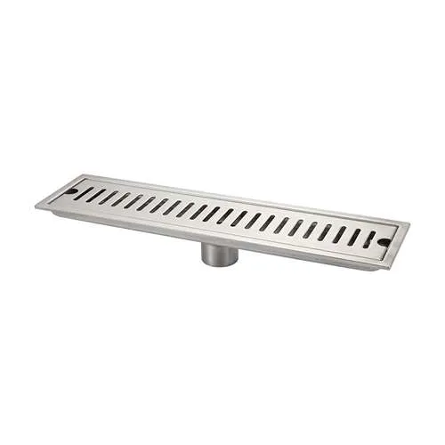 product image of a stainless steel linear shower drain (floor waste), featuring an elegant rectangular slatted grate design and a central bottom outlet, isolated on a clean white background.