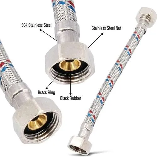 صورة لخرطوم مياه مرن من الستانلس ستيل المجدول بماركة ROBIZ، يظهر بتصميم متين مع وصلات نحاسية صلبة في الطرفين، وخلفية بيضاء نقية تجعله مناسباً كصورة أساسية للمنتج.