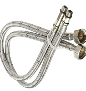 خراطيم خلاط مياه مرنة من ماركة ROBIZ، مصنوعة من الستانلس ستيل المجدول عالي الجودة، تظهر بوصلات نحاسية متينة وتصميم مرن لسهولة التركيب في أنظمة السباكة.