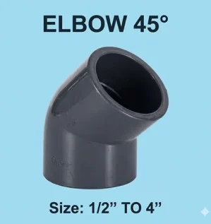 كوع تصريف مائل بزاوية 45 درجة (كوع 45) مصنوع من مادة UPVC عالية الجودة لأعمال السباكة.