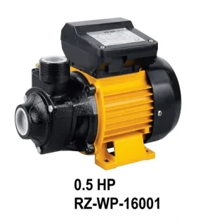 صورة احترافية عالية الجودة لمضخة مياه كهربائية باللونين الأصفر والأسود، بقدرة 0.5 حصان (0.5 HP) ورقم موديل RZ-WP-16001، تظهر بتفاصيل دقيقة للمحرك وفتحات التوصيل على خلفية بيضاء نقية.
