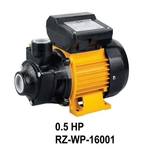 صورة احترافية عالية الجودة لمضخة مياه كهربائية باللونين الأصفر والأسود، بقدرة 0.5 حصان (0.5 HP) ورقم موديل RZ-WP-16001، تظهر بتفاصيل دقيقة للمحرك وفتحات التوصيل على خلفية بيضاء نقية.