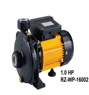 image of a ROBIZ electric water pump, 1.0 HP capacity, model RZ-WP-16002, featuring a durable yellow and black motor design on a clean white background.
