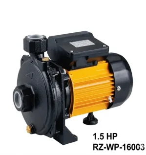 High-resolution professional image of a ROBIZ electric water pump, 1.5 HP capacity, model RZ-WP-16003, featuring a heavy-duty yellow and black motor design with clear connection ports on a clean white background.