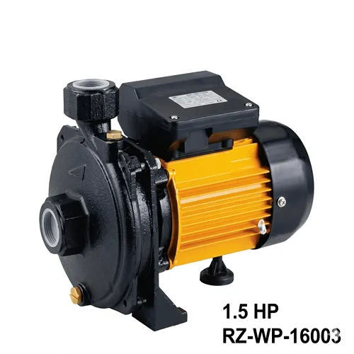 High-resolution professional image of a ROBIZ electric water pump, 1.5 HP capacity, model RZ-WP-16003, featuring a heavy-duty yellow and black motor design with clear connection ports on a clean white background.