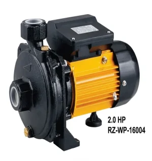 صورة عالية الجودة لمضخة مياه كهربائية (موتور) ماركة ROBIZ، بقدرة 2.0 حصان (2.0 HP) ورقم موديل RZ-WP-16004، تتميز بتصميم شديد التحمل باللونين الأصفر والأسود، معروضة بوضوح على خلفية بيضاء نقية.