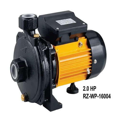 صورة عالية الجودة لمضخة مياه كهربائية (موتور) ماركة ROBIZ، بقدرة 2.0 حصان (2.0 HP) ورقم موديل RZ-WP-16004، تتميز بتصميم شديد التحمل باللونين الأصفر والأسود، معروضة بوضوح على خلفية بيضاء نقية.